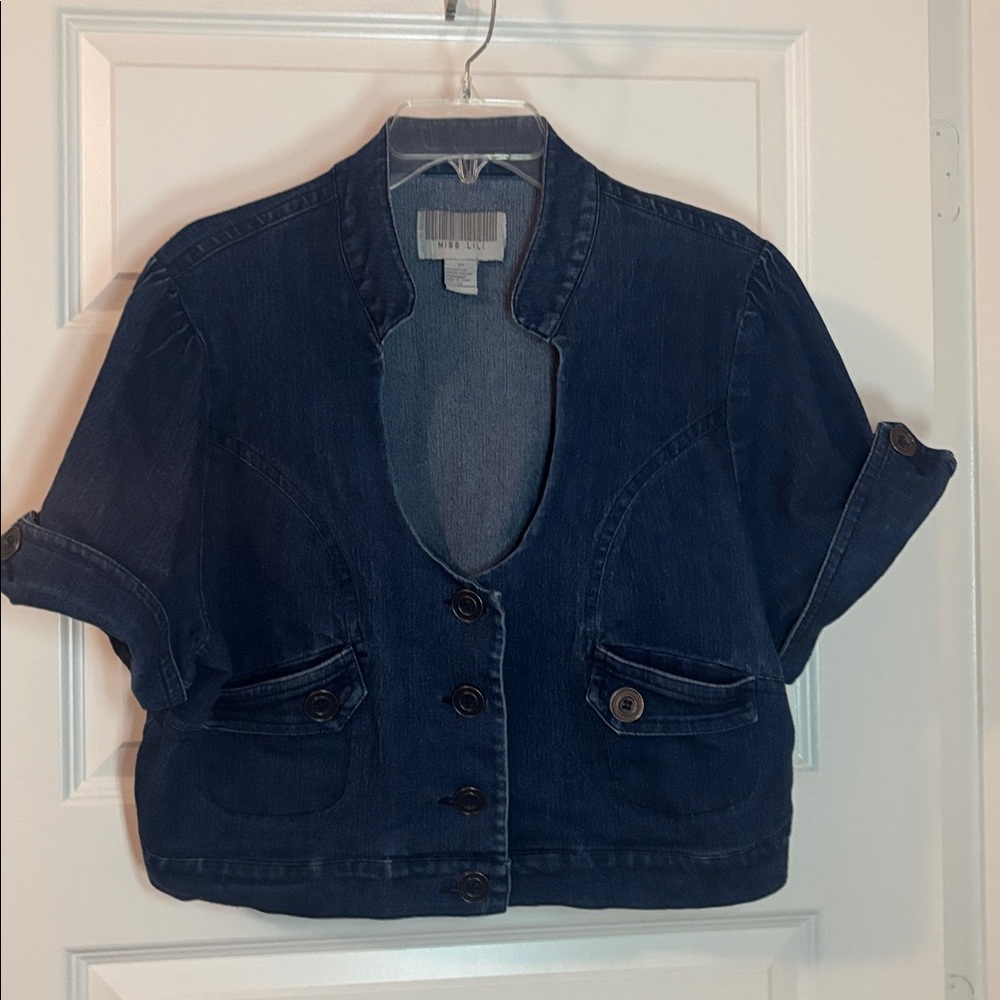 VTG Miss Lili Medium Blue Short-Sleeve Jean Jacket SZ 2X plus size cropped Y2K